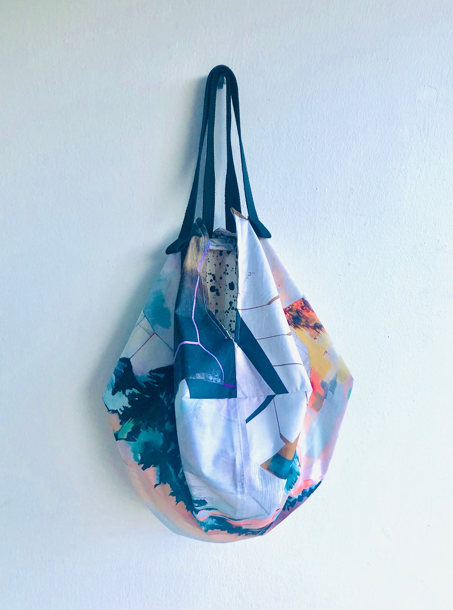 Cool origami bento bag , shoulder fabric handmade Japanese inspired bag | Contemporary landscape under a rain of ink drops