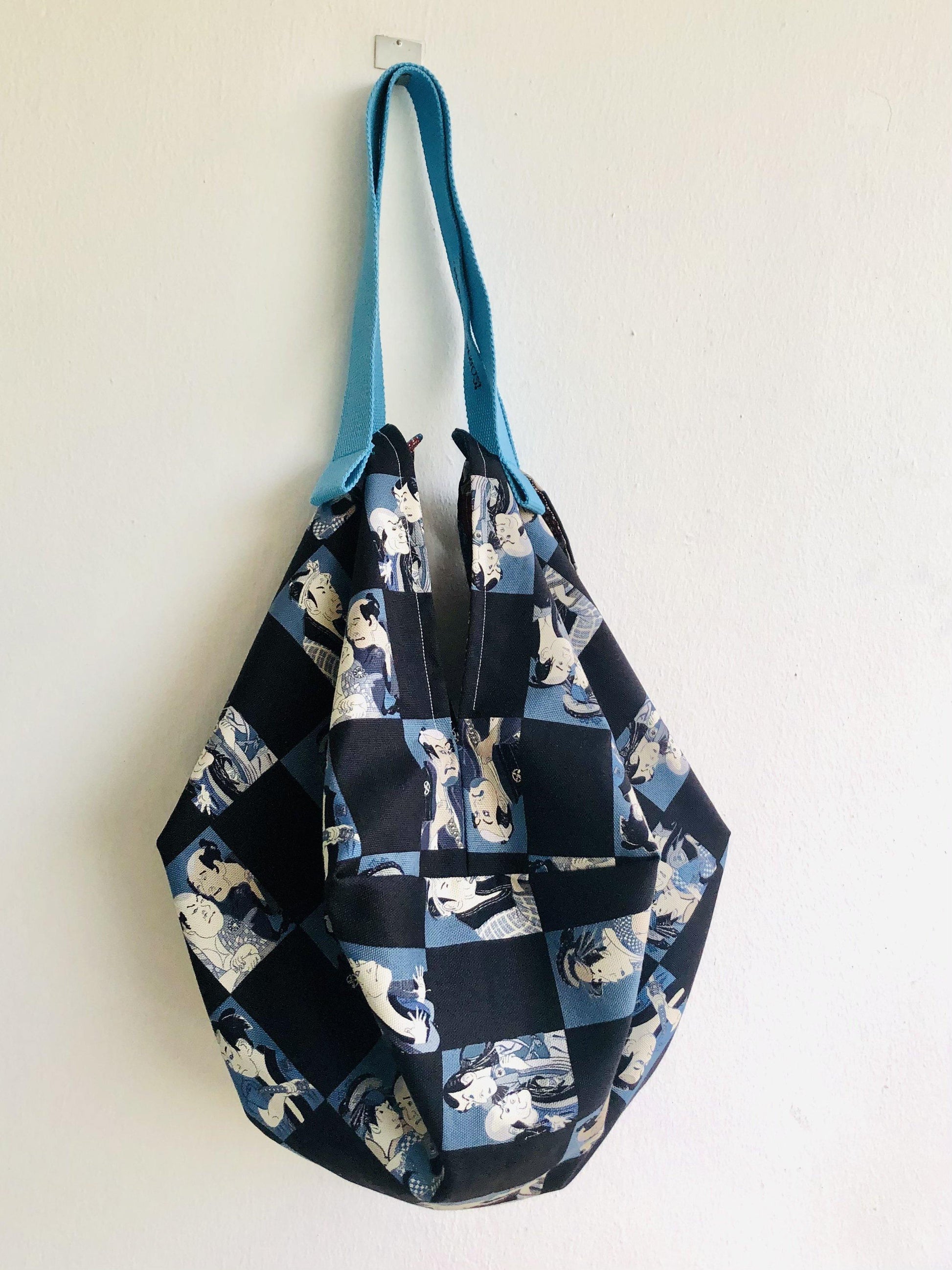 Origami sac reversible bag , fabric handmade Japanese inspired bag | Kabuki & mountain landscape - Jiakuma