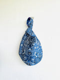 Small cute origami bag, reversible Japanese inspired knot bag , wrist fabric bag |  A blue garden with a hidden snake