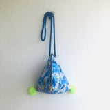 Origami dumpling bag , small pom pom fabric bag , triangle cross body bag | Homage to Chagall