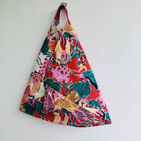 Bento origami bag , shoulder tote colorful bag , eco silkscreen print fabric bag | Cadmium red & pink garden in Shanghai - Jiakuma