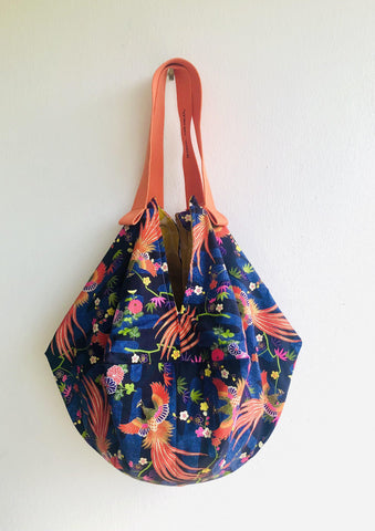 Origami sac shoulder bag, reversible fabric handmade Japanese Inspired bag | Beautiful Phoenix birds flying towards a bright and yellow Yvette sun - Jiakuma