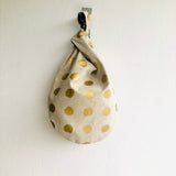 Wrist Japanese inspired bag , knot fabric reversible bag , small cute origami bag | Gold polka dots & beautiful Japanese garden