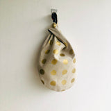 Wrist Japanese inspired bag , knot fabric reversible bag , small cute origami bag | Gold polka dots & beautiful Japanese garden