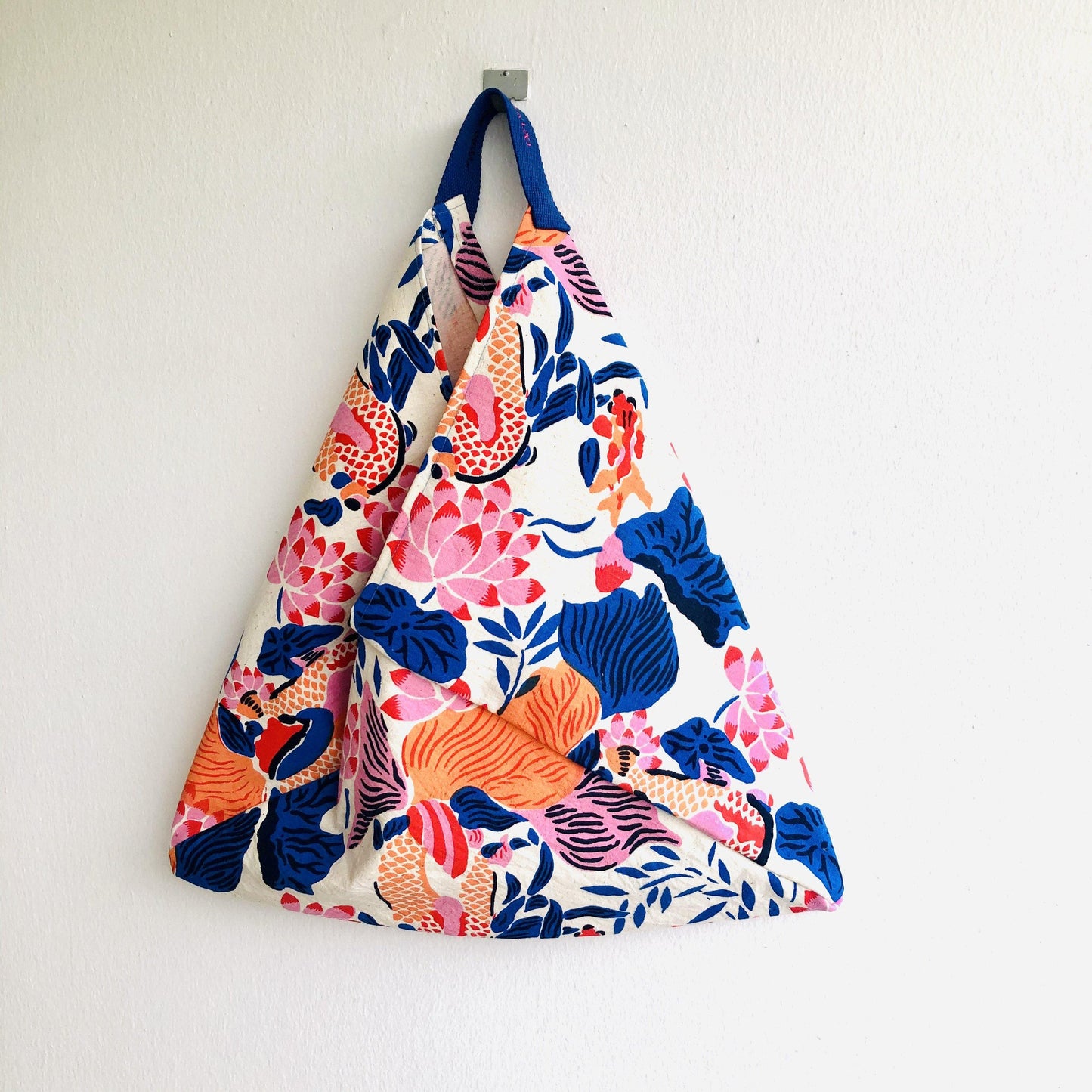 Origami bento bag, shoulder fabric tote , silk screen print colorful bag l Ultramarine blue & orange Shanghai garden - Jiakuma