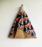 Origami bento bag , shoulder Japanese inspired bag l Orange clouds, cranes & cork - Jiakuma