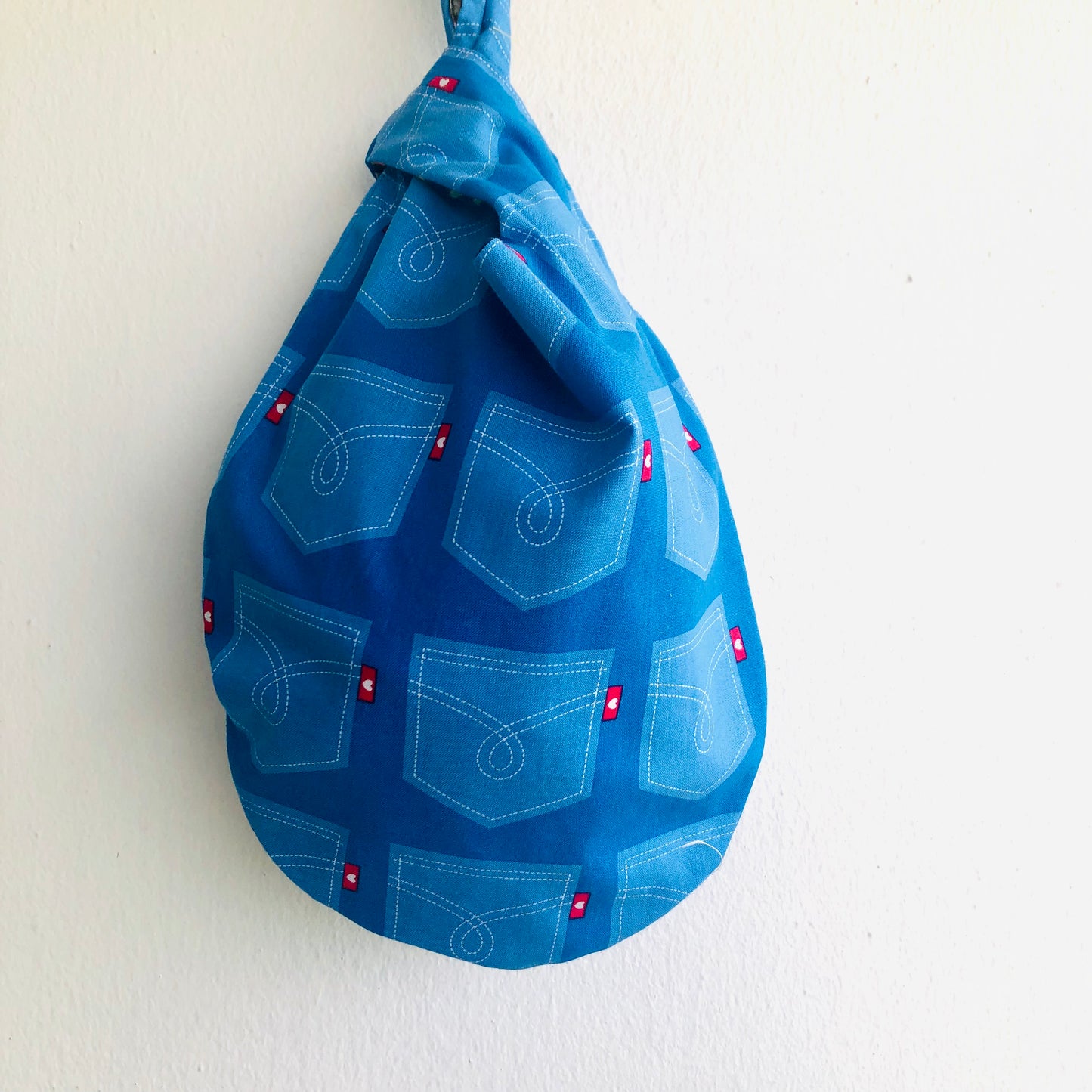 Small knot origami bag , cute wrist fabric bag , reversible eco friendly small bag | I love my jeans