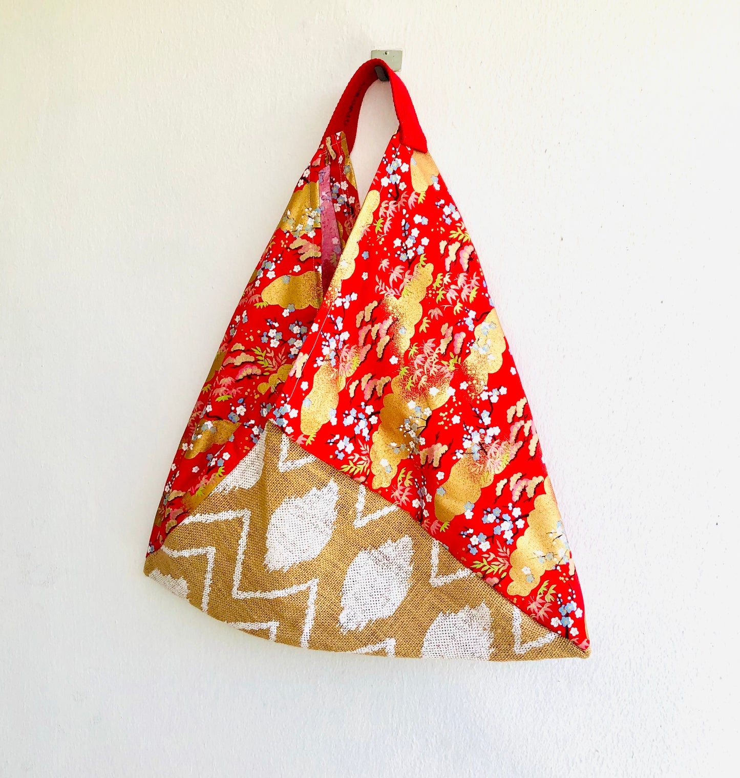 Origami bento bag , triangle shoulder fabric tote bag | a beautiful garden at sunset’s  golden hour