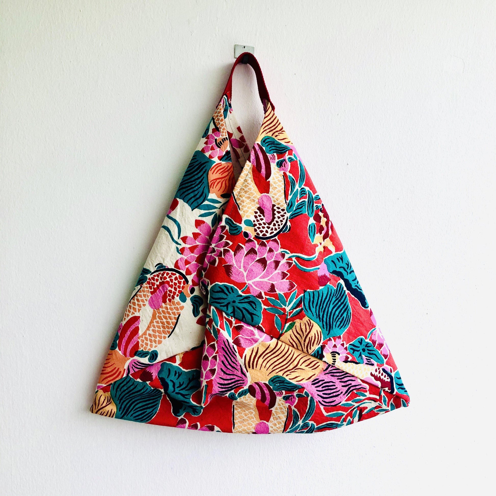 Bento origami bag , shoulder tote colorful bag , eco silkscreen print fabric bag | Cadmium red & pink garden in Shanghai - Jiakuma