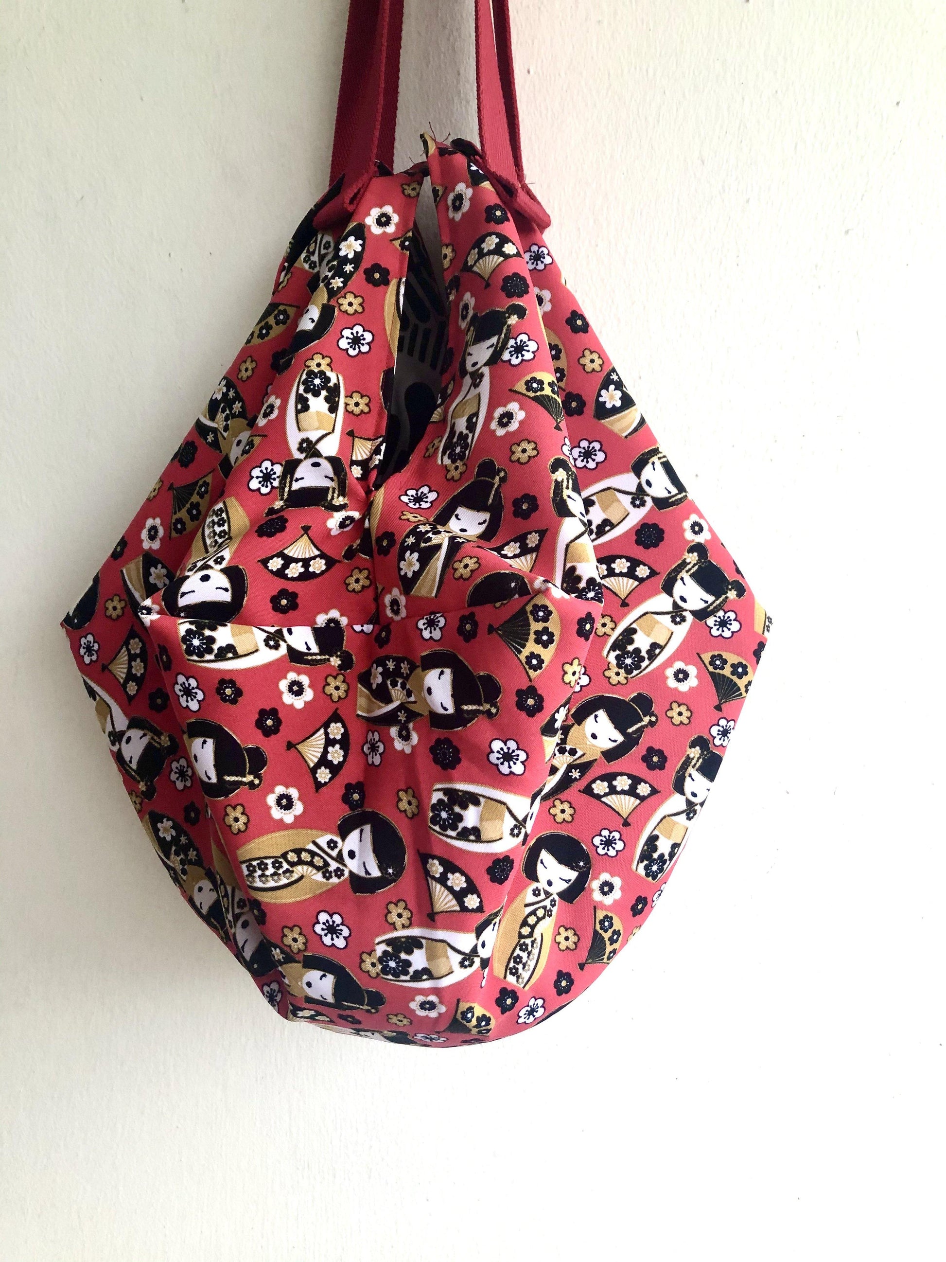 Origami sac reversible bag , two bags in one , eco friendly cool bag | red Kokeshi - Jiakuma