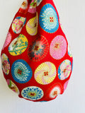 Origami knot bag , reversible fabric bag , cute wrist Japanese inspired bag | Blue & red Japanese umbrellas