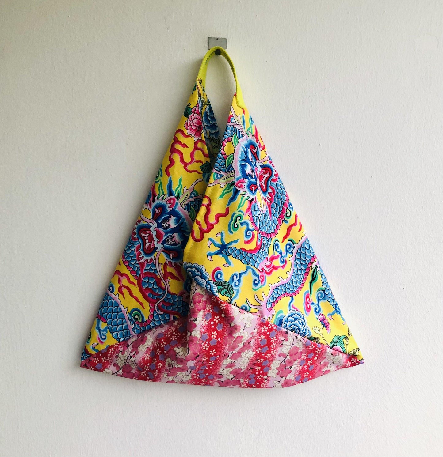 Origami bento bag , tote shoulder bag , fabric triangle bag , shopping bag | Yellow lucky dragon & Japanese cherry blossoms - Jiakuma