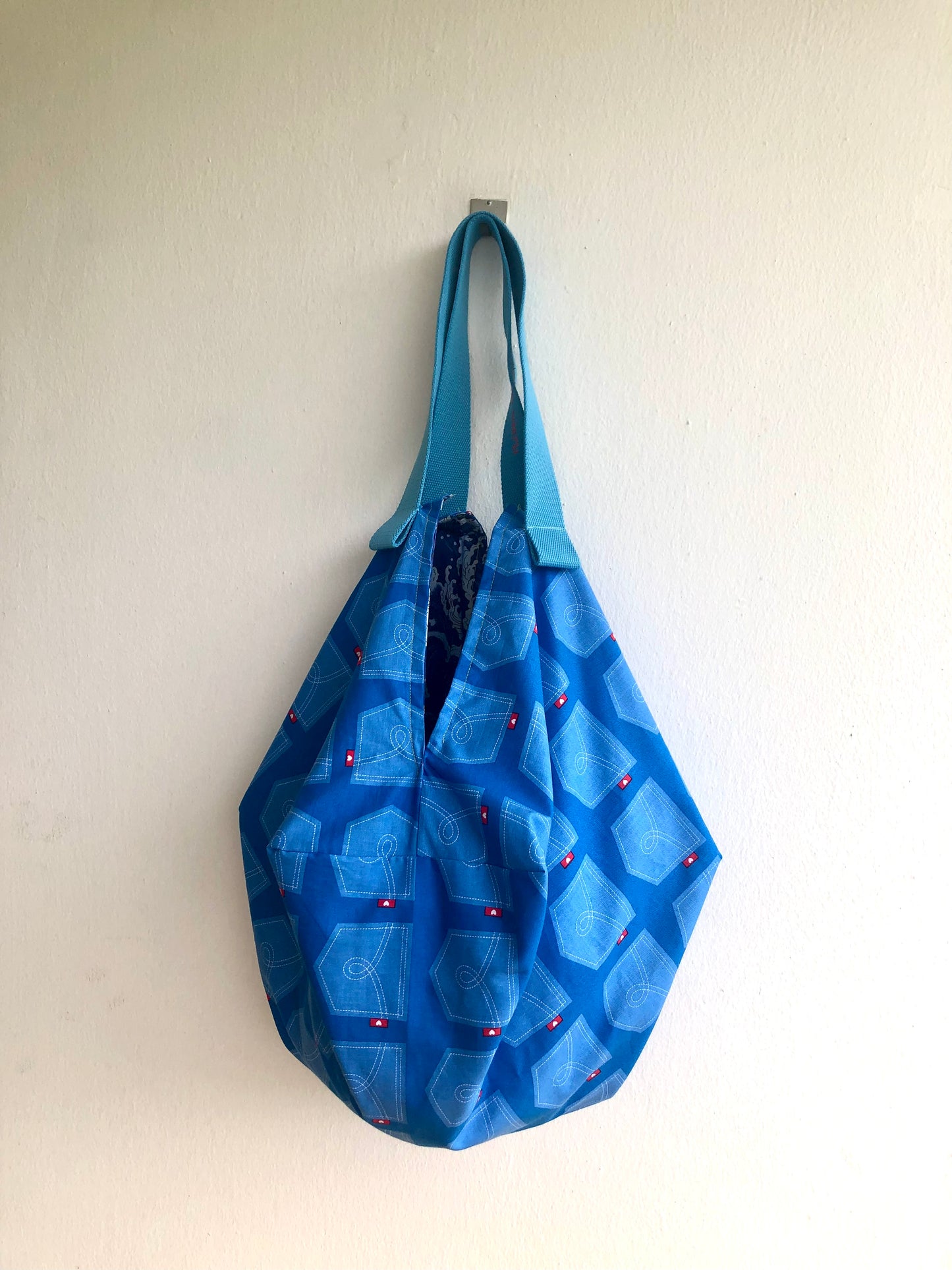 Bolso de mano origami, bolso de hombro reversible, bolso ecológico de inspiración japonesa | Amo mis jeans y las olas del mar