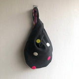 Small cute origami knot bag , pom pom fabric wrist bag , Japanese inspired bag | Pom poms & polka dots