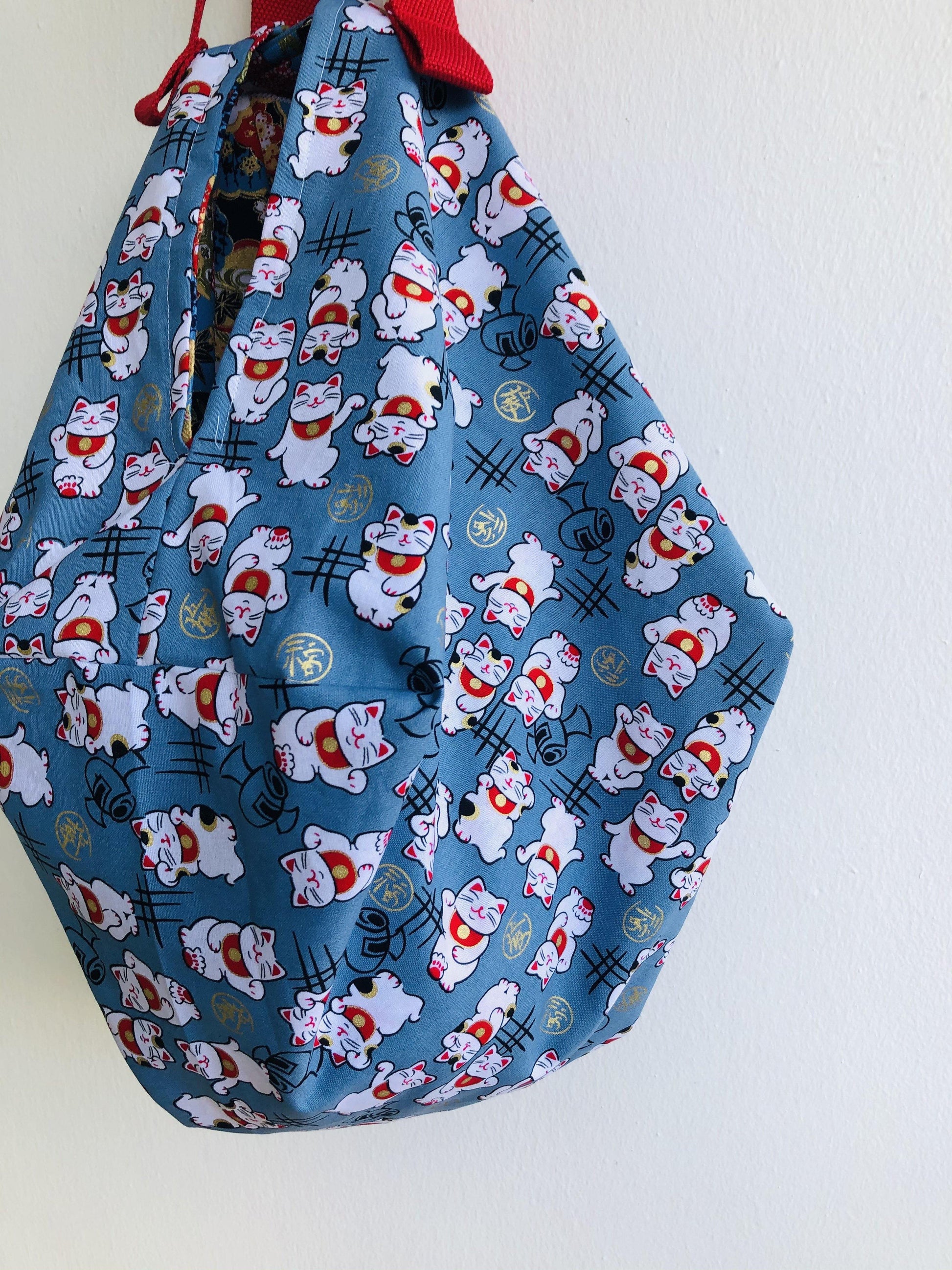 Origami sac shoulder bag , tote shopping eco bag , reversible Japanese inspired bag| Lucky cats in a garden in Tokio - Jiakuma