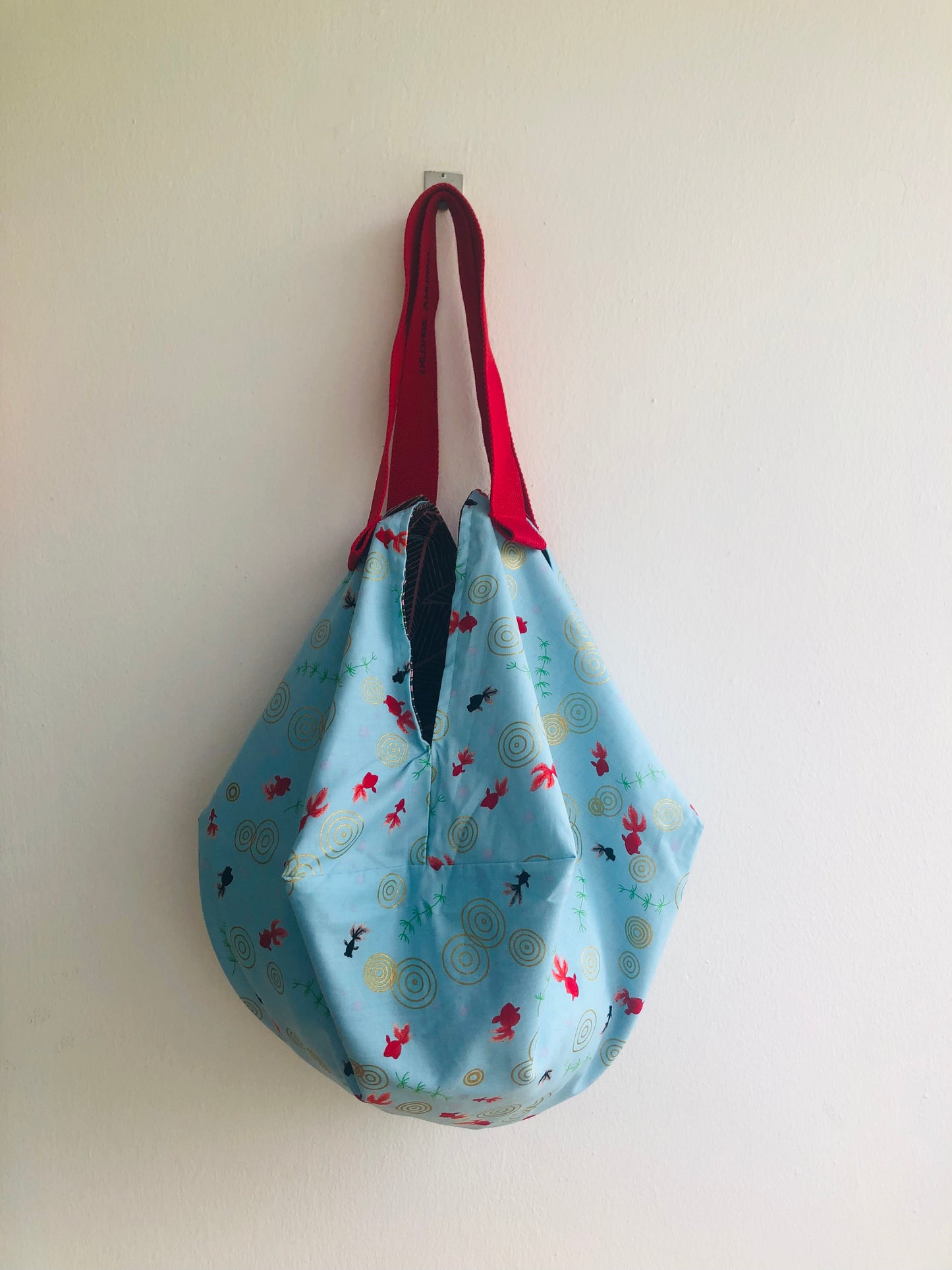 Origami shoulder bag , fabric sac reversible bag , handmade one of a kind Japanese inspired bag | Blue river with  red fish