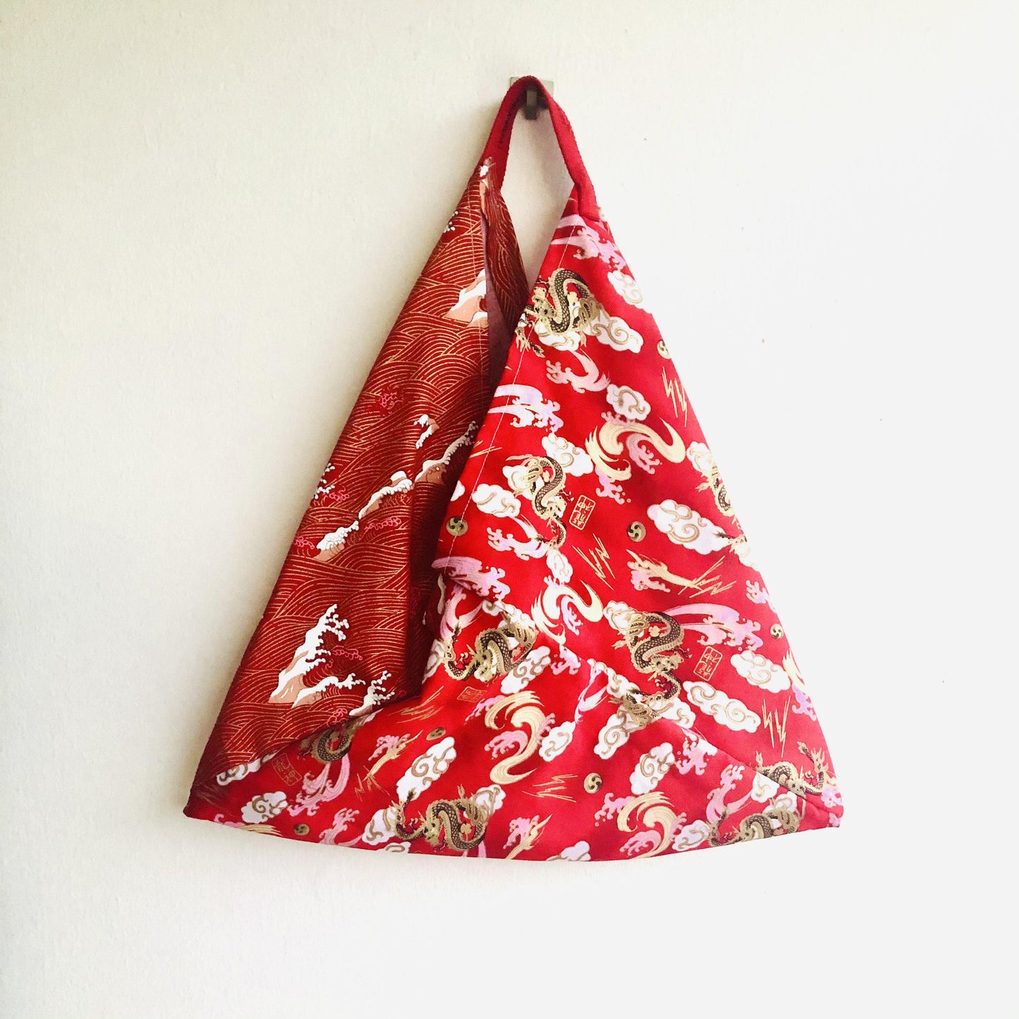 Triangle shoulder tote bag , colorful red bento bag , origami tote bag |Auspicious Dragons flying over a red sea with golden waves - Jiakuma