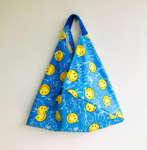 Origami bento bag , triangle Japanese inspired tote bag , handmade eco friendly bag | Smiley