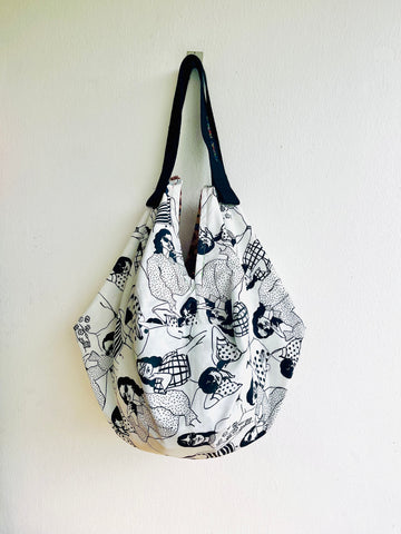 Origami sac bag , handmade cool fabric bag , Japanese inspired reversible bag , shoulder eco bag | Chillingin black & white mood