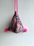 Origami dumpling bag , colorful fabric pom pom bag, small lunch bag , weekend cool bag | Aboriginal art