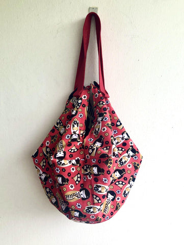 Origami sac reversible bag , two bags in one , eco friendly cool bag | red Kokeshi - Jiakuma