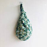 Small Japanese inspired knot bag , fabric wrist bag , reversible cute bag | Leaves and golden seeds