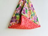 Origami bento bag , colorful Japanese inspired bag , triangle tote bag , eco friendly shoulder bag | Tropical papaya garden paradise