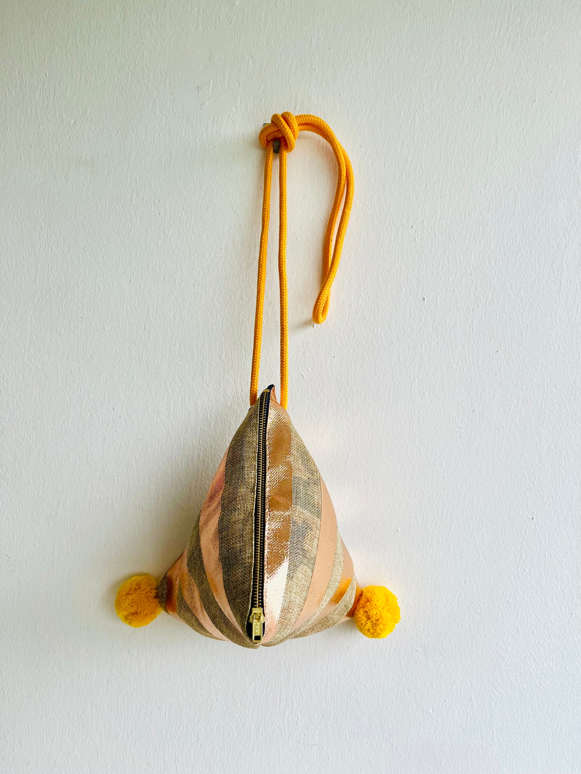 Origami dumpling bag , pom pom one of a kind bag , cute small triangle bag , origami weekend bag , jute eco friendly bag | Bronze gold lines - Jiakuma