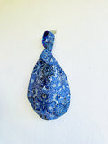 Small cute origami bag, reversible Japanese inspired knot bag , wrist fabric bag |  A blue garden with a hidden snake