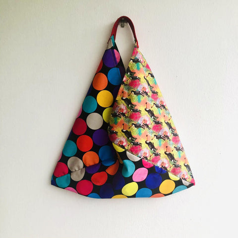 Colorful bento bag , shoulder tote bag , eco friendly shopping bag | Toucans flying over a jungle of colorful polka dots - Jiakuma