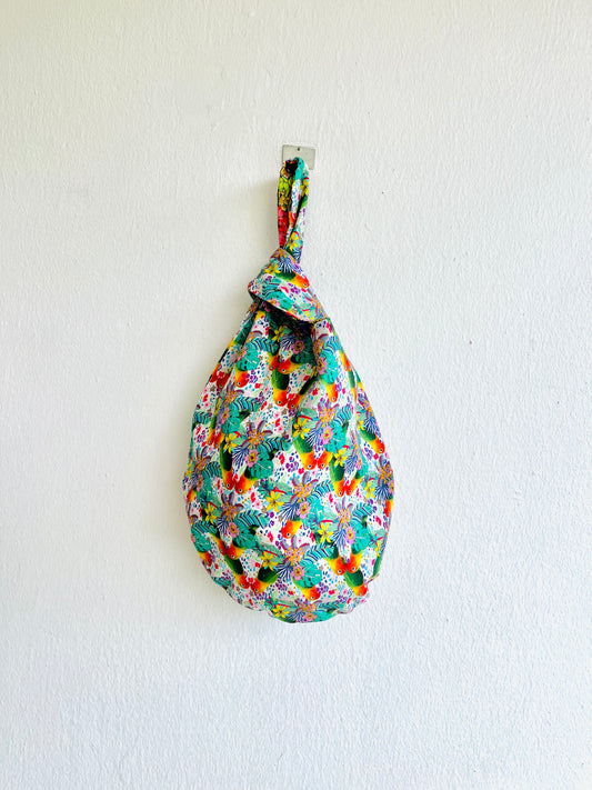 Origami small bag , small knot reversible bag , Japanese inspired wrist bag , colorful easy to wear bag | Colorful parrots and hidden horses - Jiakuma