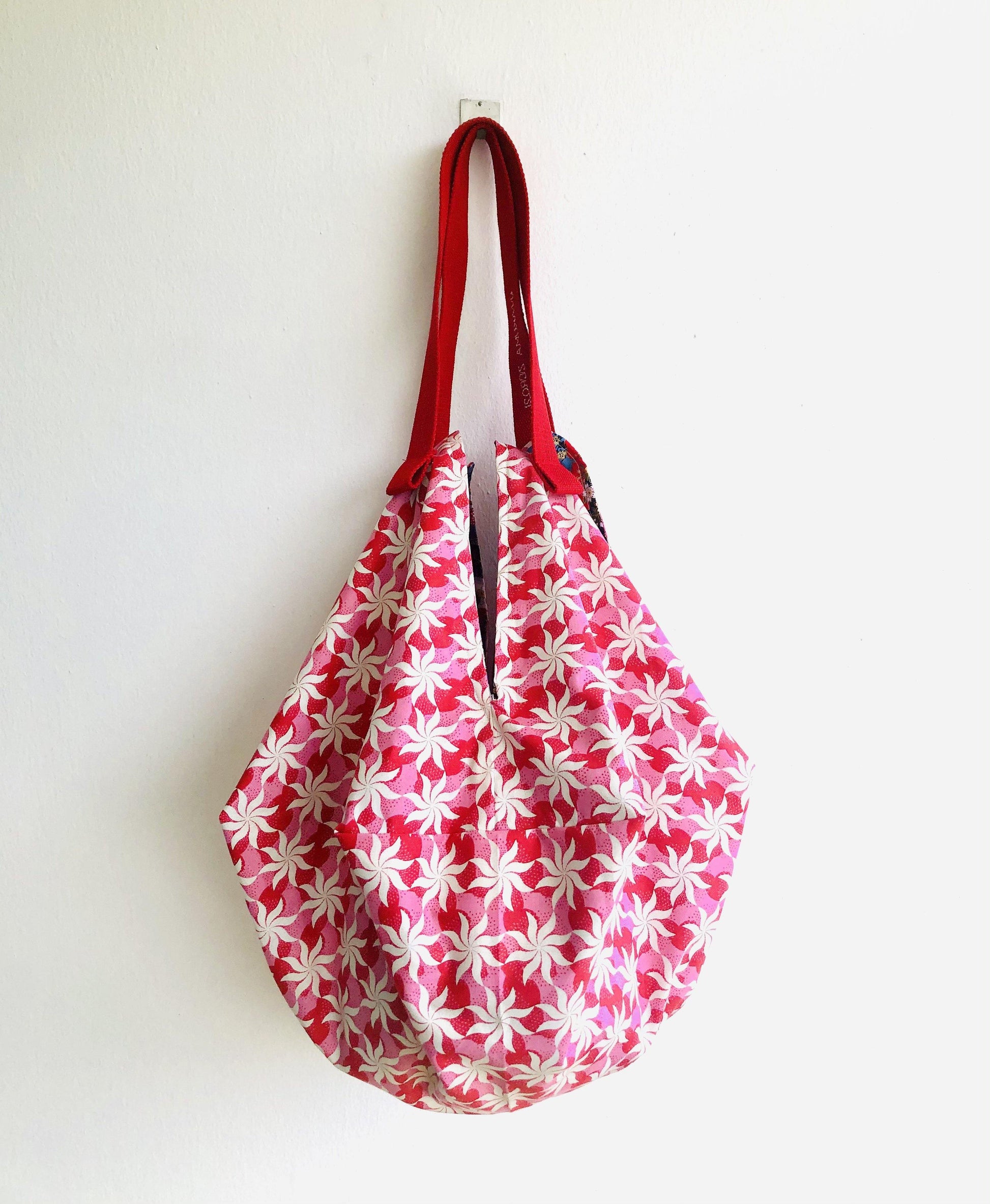 Origami sac shoulder bag , reversible Japanese inspired fabric bag | Sea stars and Japanese flower universe - Jiakuma