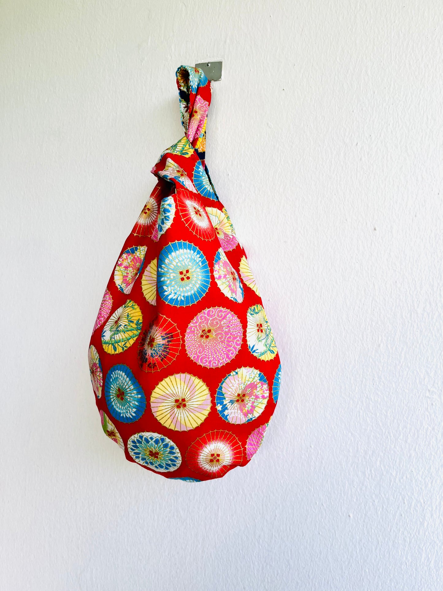 Origami knot bag , reversible fabric bag , cute wrist Japanese inspired bag | Blue & red Japanese umbrellas