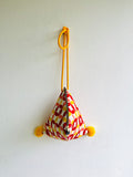 Small triangle fabric bag , origami Japanese inspired dumpling bag , cute pom pom colorful bag | Retro Milan