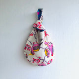 Small knot bag , Japanese inspired wrist bag , reversible screen print vintage fabric bag | A garden in Shanghai