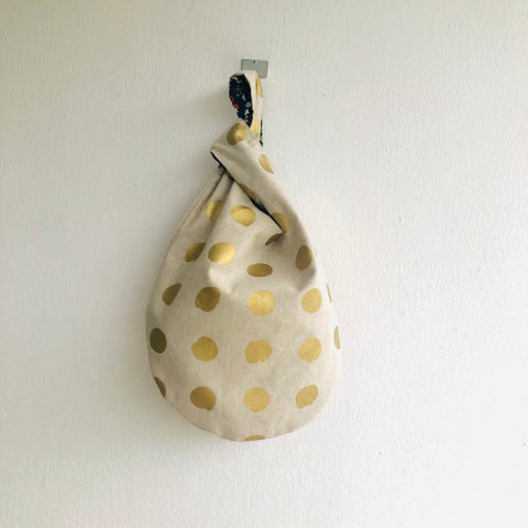 Wrist Japanese inspired bag , knot fabric reversible bag , small cute origami bag | Gold polka dots & beautiful Japanese garden