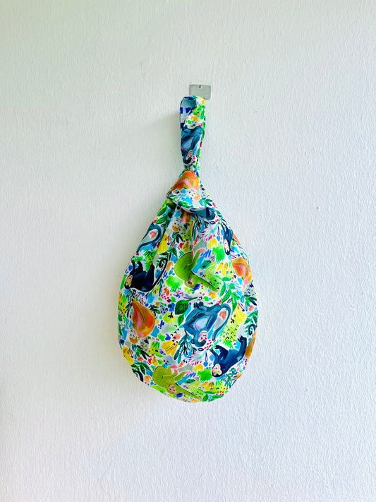 Origami small wrist bag , knot Japanese inspired bag , reversible colorful bag | Monkeys having fun on a summer day - Jiakuma