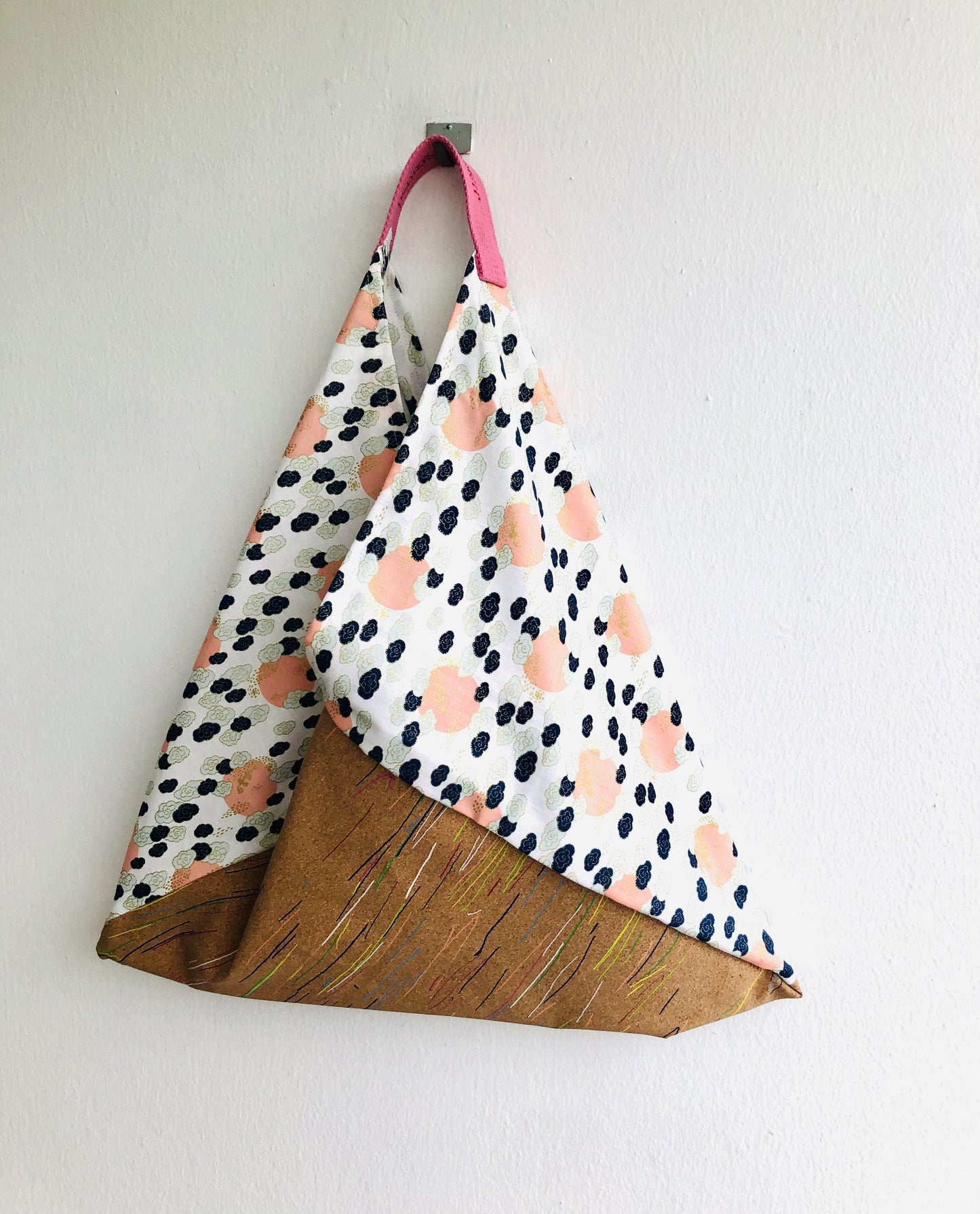 Shoulder tote bag , origami bento bag , handmade sustainable triangle bag | Japanese clouds & cork lines - Jiakuma