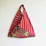 Red shoulder tote bag , handmade origami bento bag , eco shopping bag | Red tropical garden & block print - Jiakuma