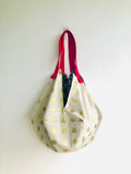 Origami shoulder bag , reversible Japanese inspired bag , sac shopping bag  Gold polka dots in a golden Japanese hidden garden
