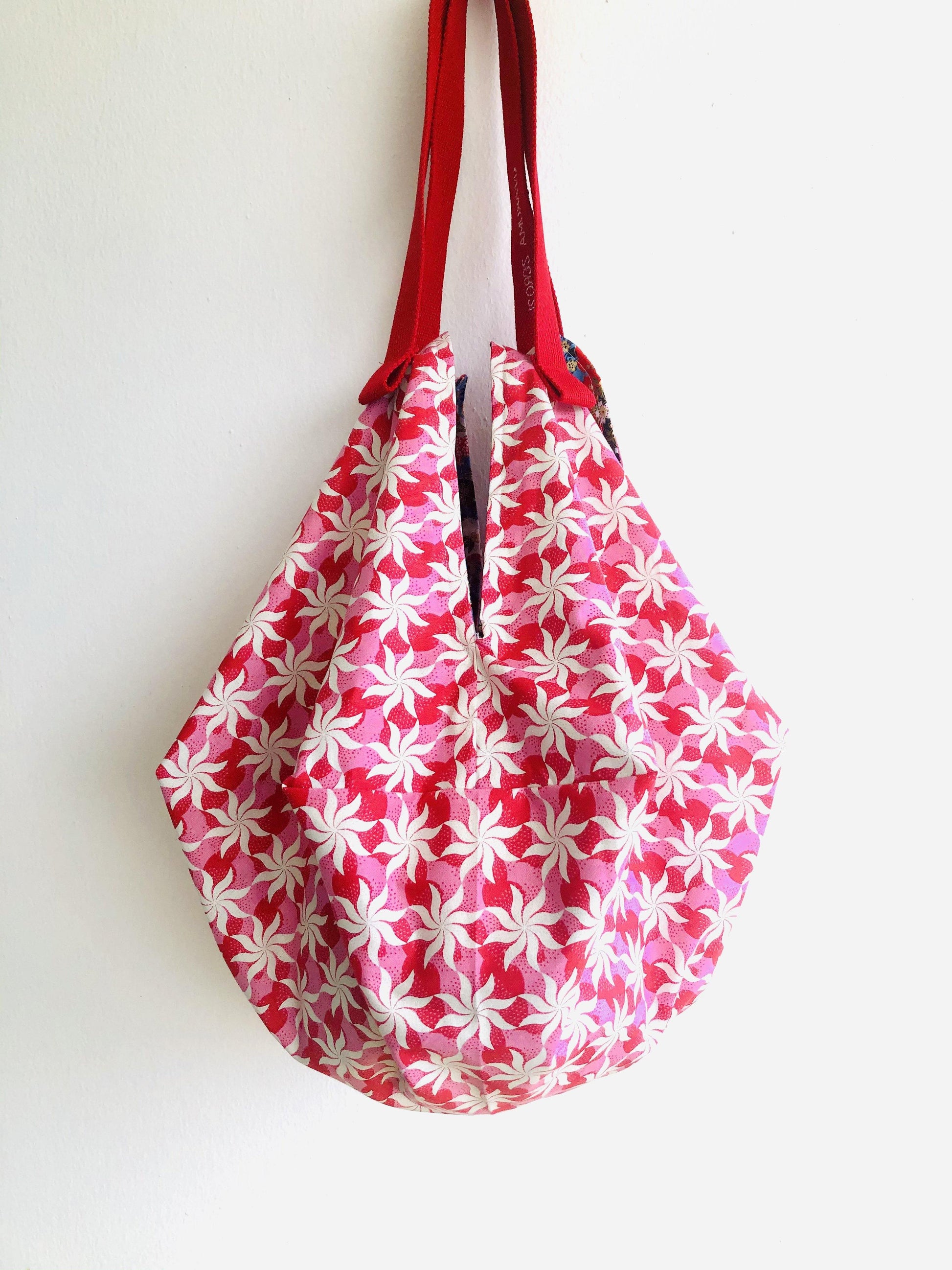 Origami sac shoulder bag , reversible Japanese inspired fabric bag | Sea stars and Japanese flower universe - Jiakuma