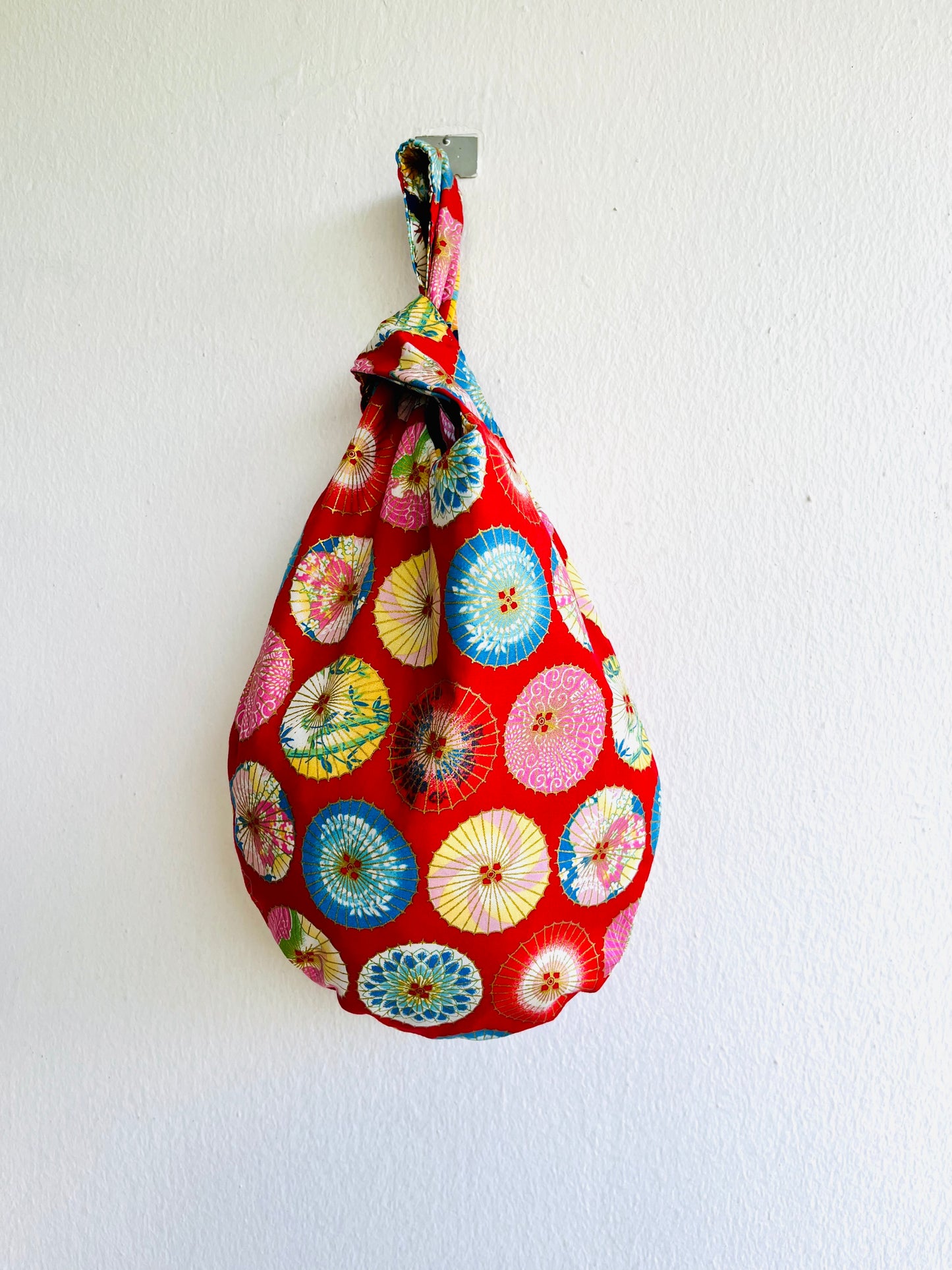 Origami knot bag , reversible fabric bag , cute wrist Japanese inspired bag | Blue & red Japanese umbrellas