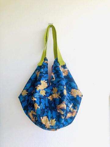 Origami fabric bag , shoulder sac bag , reversible eco friendly bag , Japanese inspired bag | Dragons hiding in the Canyon - Jiakuma