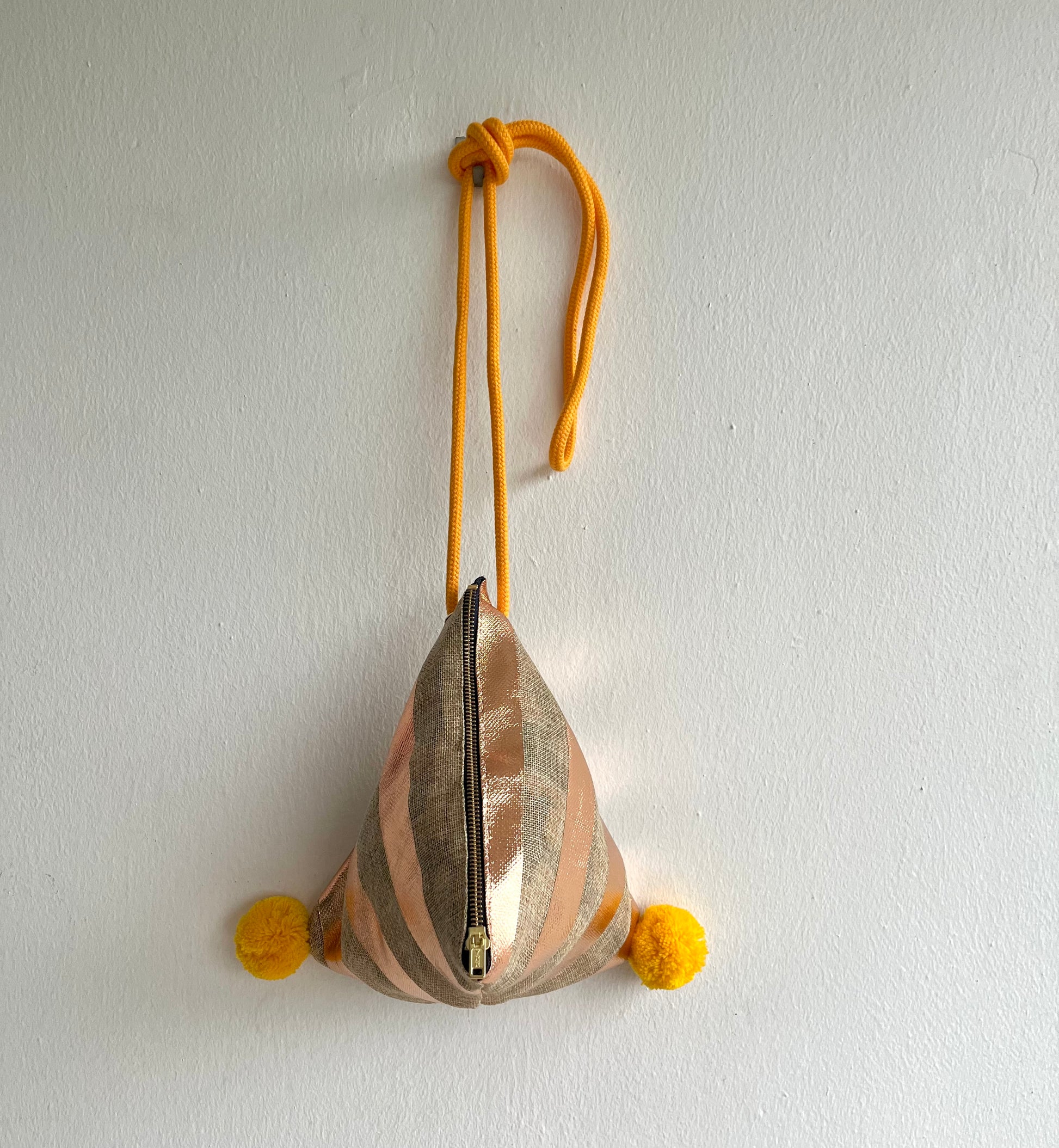 Origami dumpling bag , pom pom one of a kind bag , cute small triangle bag , origami weekend bag , jute eco friendly bag | Bronze gold lines - Jiakuma