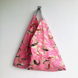 Japanese inspired shoulder bag , origami bento bag , eco tote bag | Koi fish swimming  in a  pink river - Jiakuma