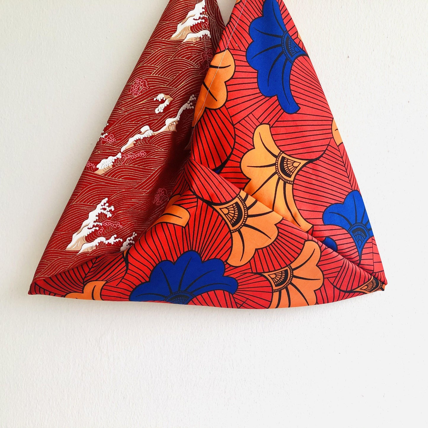 Origami tote bag , shoulder handmade eco bag , Japanese inspired triangle tote | Red sea waves in Japan  & red African flowers - Jiakuma