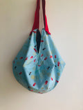 Origami shoulder bag , fabric sac reversible bag , handmade one of a kind Japanese inspired bag | Blue river with  red fish
