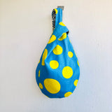 Small cute Japanese inspired bag , knot fabric bag , reversible wrist eco bag | Take me to the moon