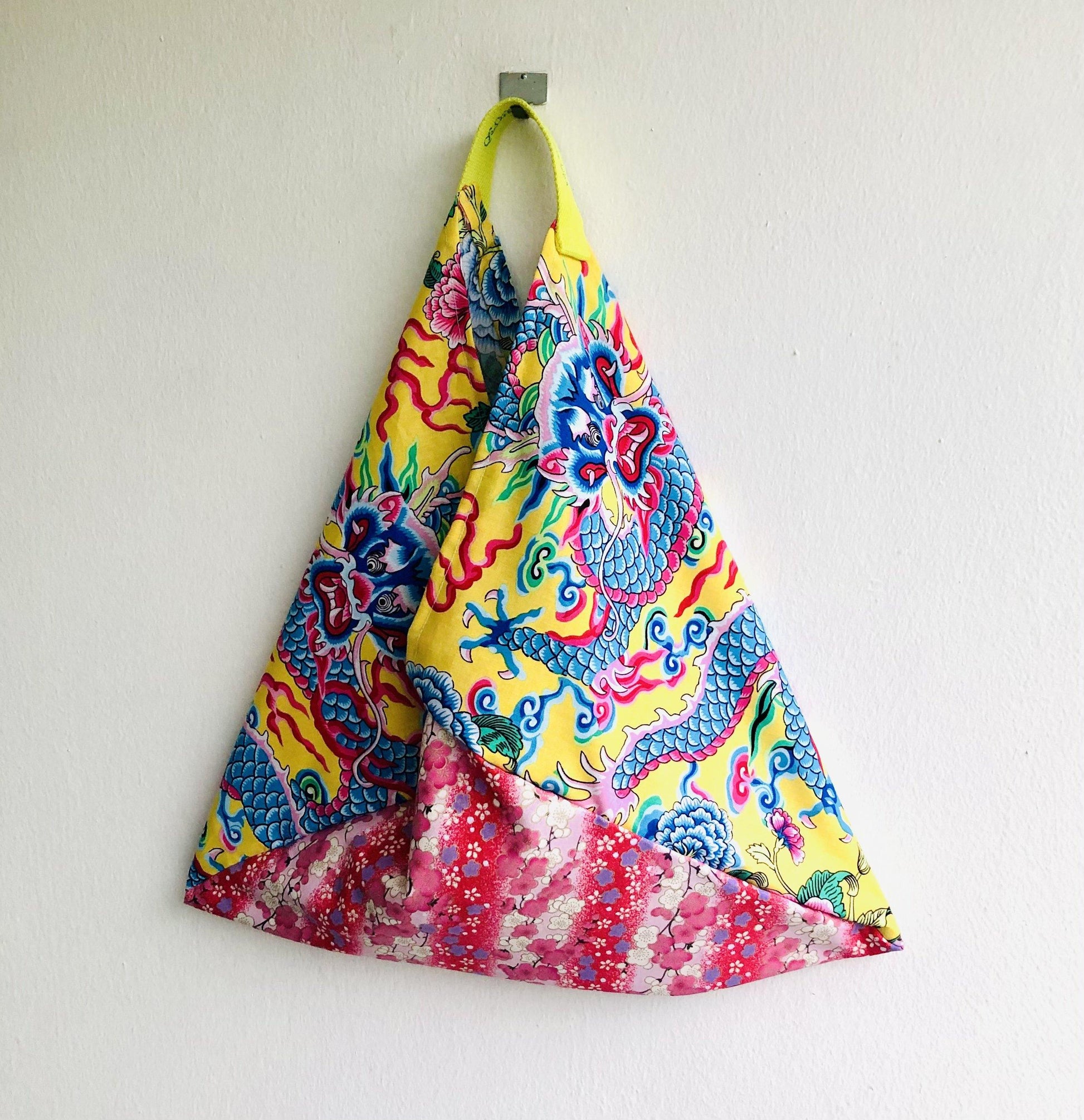 Origami bento bag , tote shoulder bag , fabric triangle bag , shopping bag | Yellow lucky dragon & Japanese cherry blossoms - Jiakuma