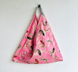 Tote origami bag , Japanese inspired fabric bag , shoulder bento bag | Gold and pink koi